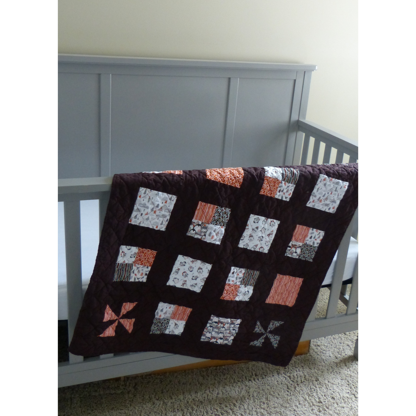 Brown and Orange Penguin Baby/Toddler Quilt – with Soft & Cozy Minky backing