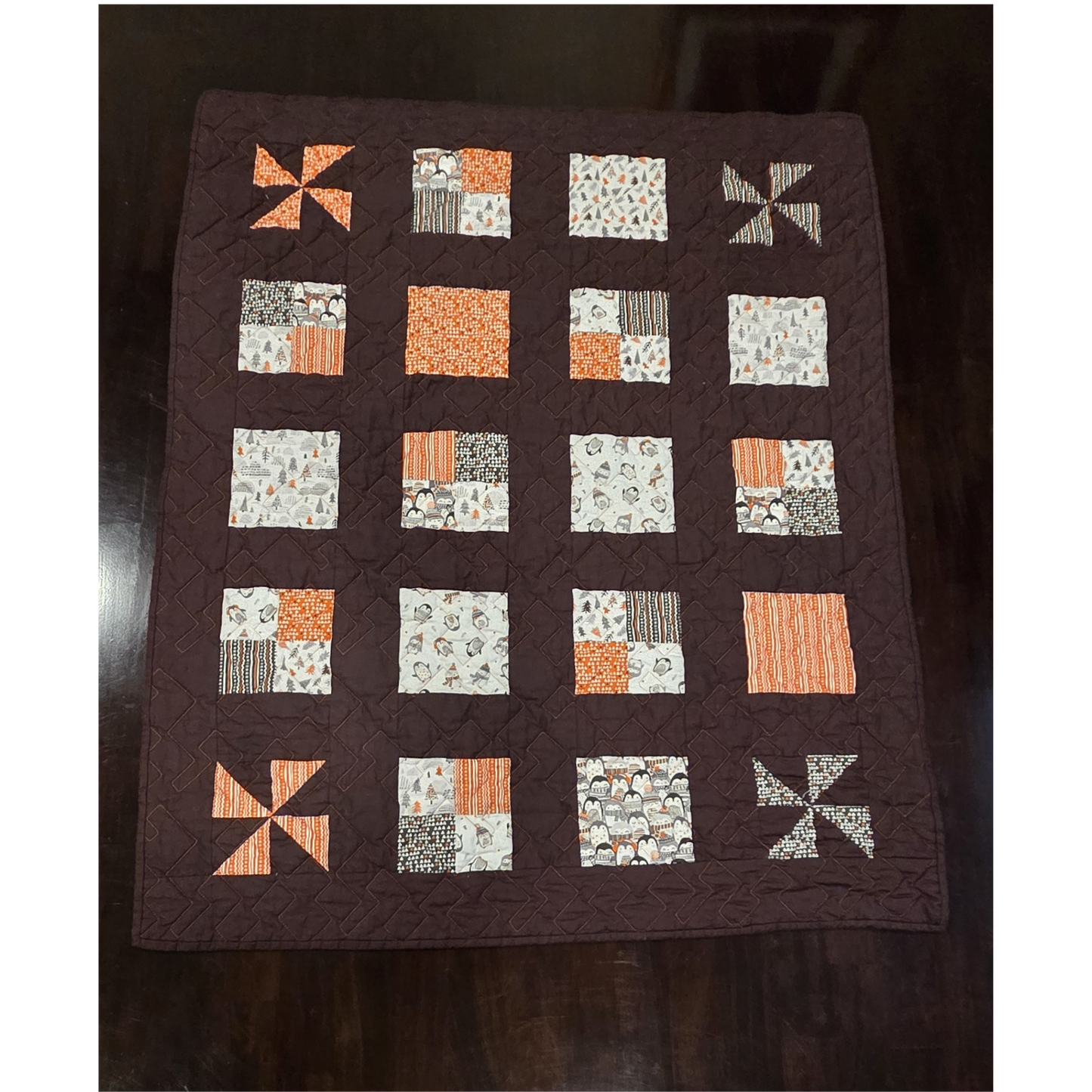 Brown and Orange Penguin Baby/Toddler Quilt – with Soft & Cozy Minky backing