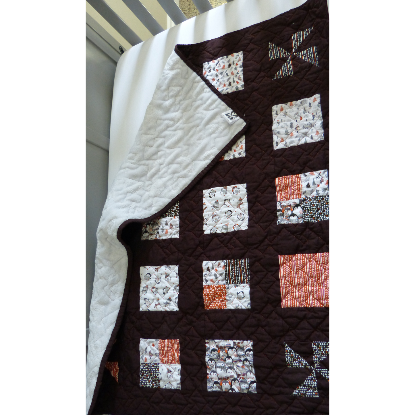 Brown and Orange Penguin Baby/Toddler Quilt – with Soft & Cozy Minky backing