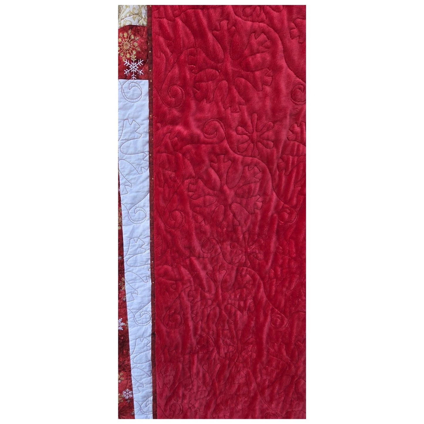 Quilted Holiday Throw Featuring Snowflake Fabrics, Embroidered Center and minky backing