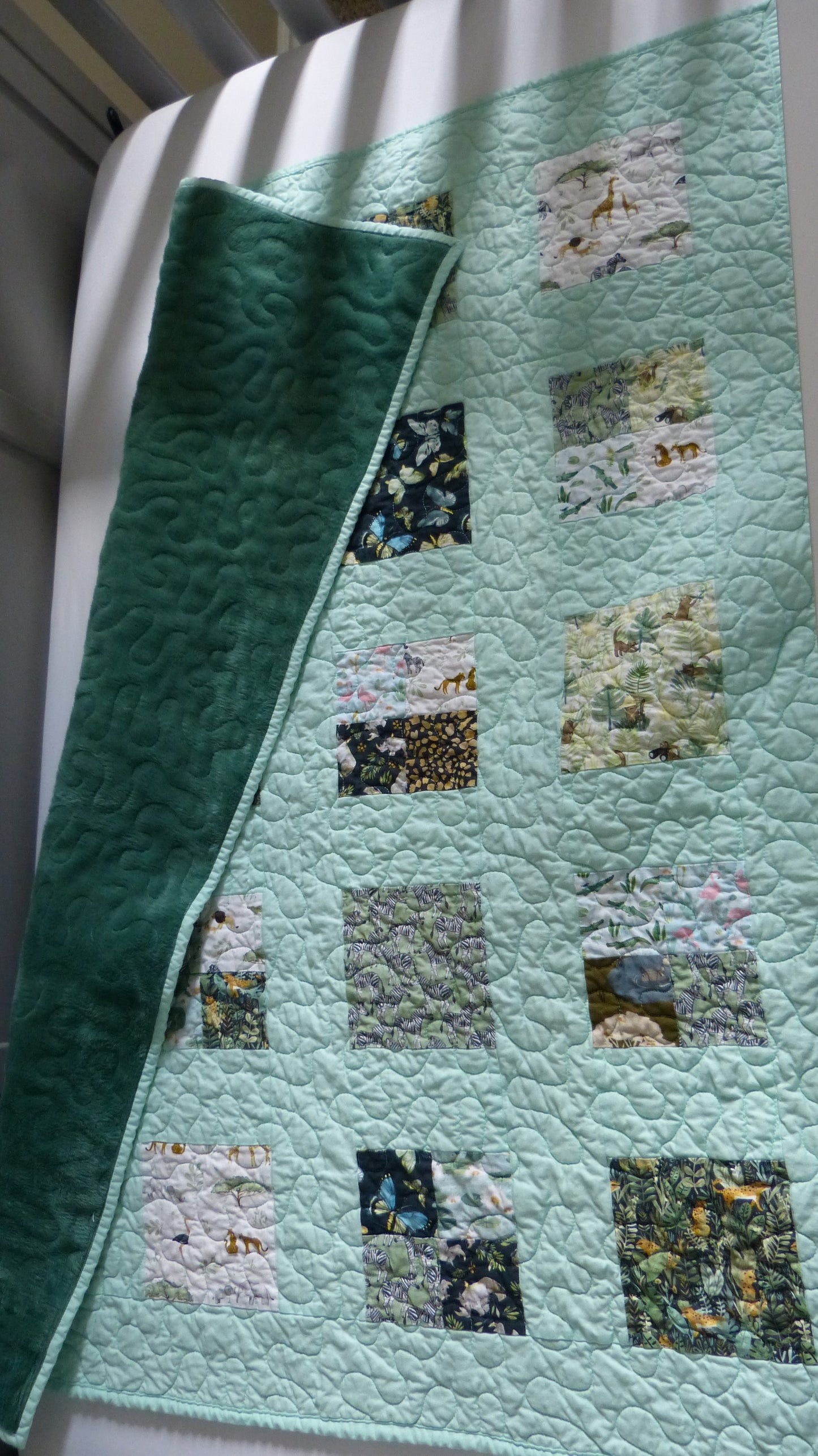 Jungle Baby/Toddler Quilt with Mint Green Piecing and Minky backing