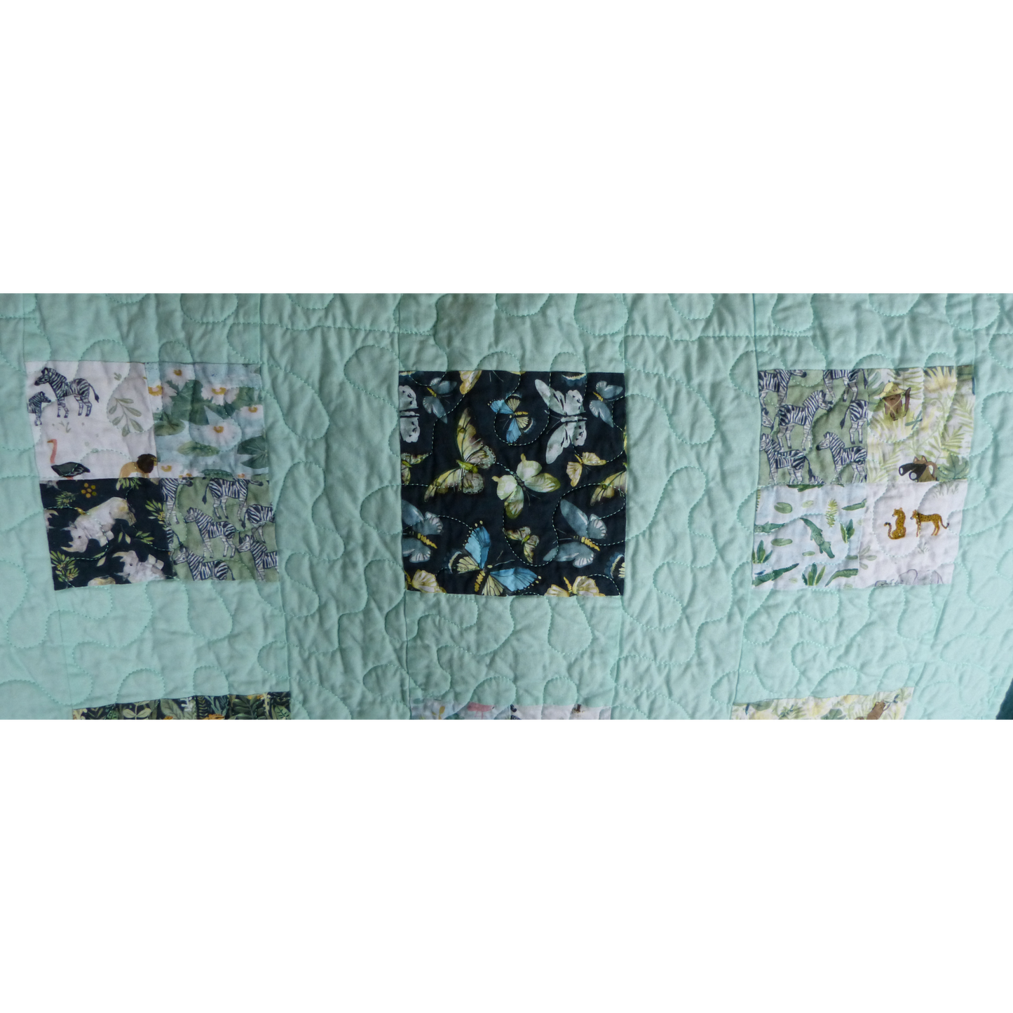 Jungle Baby/Toddler Quilt with Mint Green Piecing and Minky backing