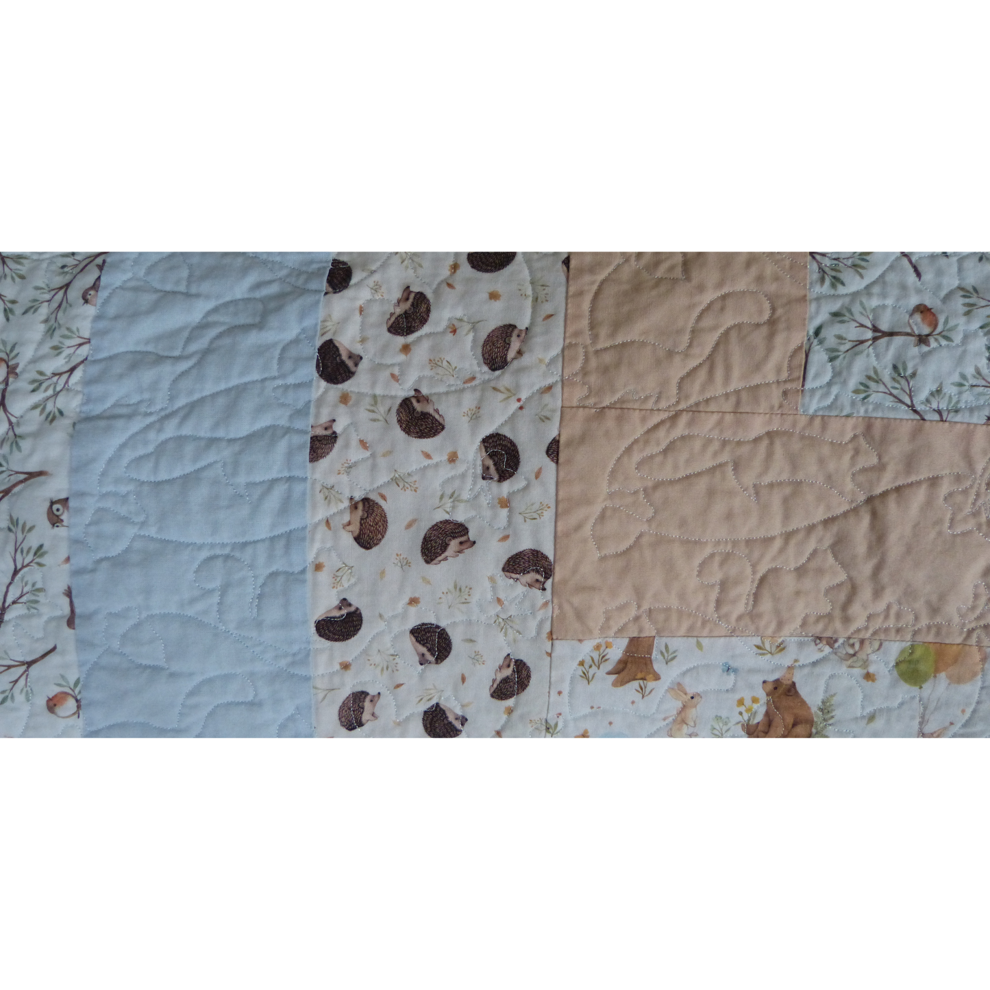 Bird and Hedgehog Baby/Toddler Quilt with Peach and Blue Background and Fireside Backing