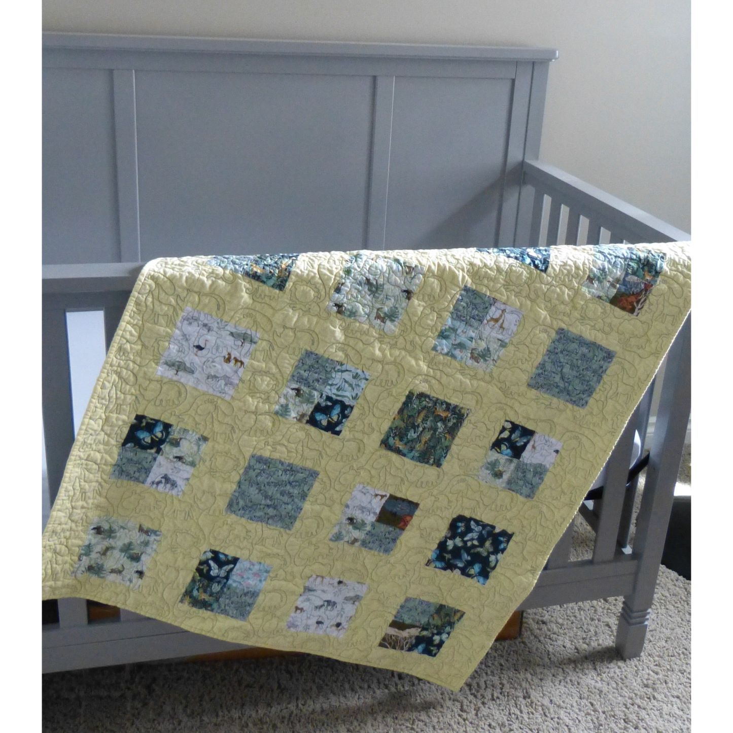 Jungle Baby/Toddler Quilt with Yellow Piecing and Minky backing