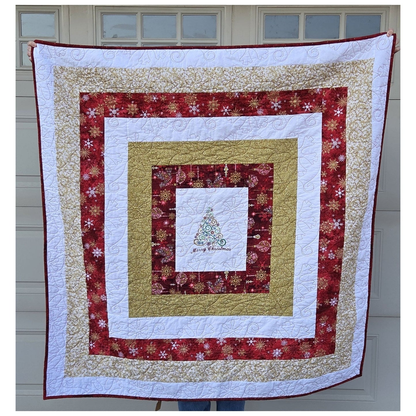Quilted Holiday Throw Featuring Snowflake Fabrics, Embroidered Center and minky backing
