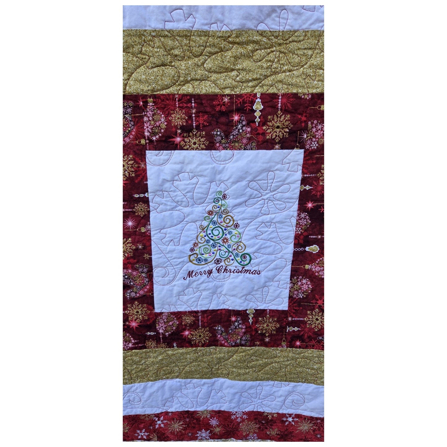 Quilted Holiday Throw Featuring Snowflake Fabrics, Embroidered Center and minky backing