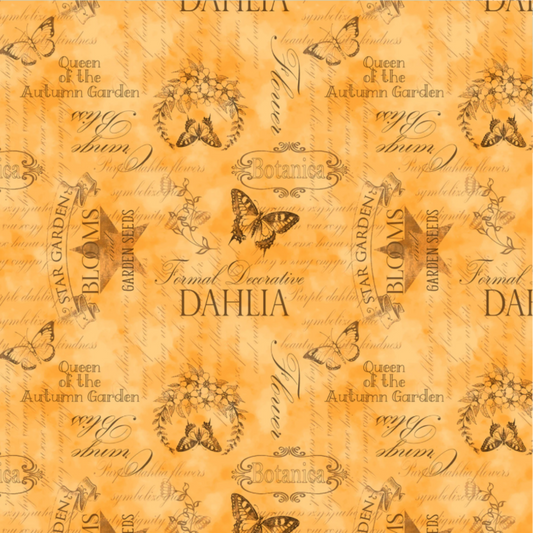 Ephemera Orange Fabric - Dahlia Botanica from Wilmington Prints