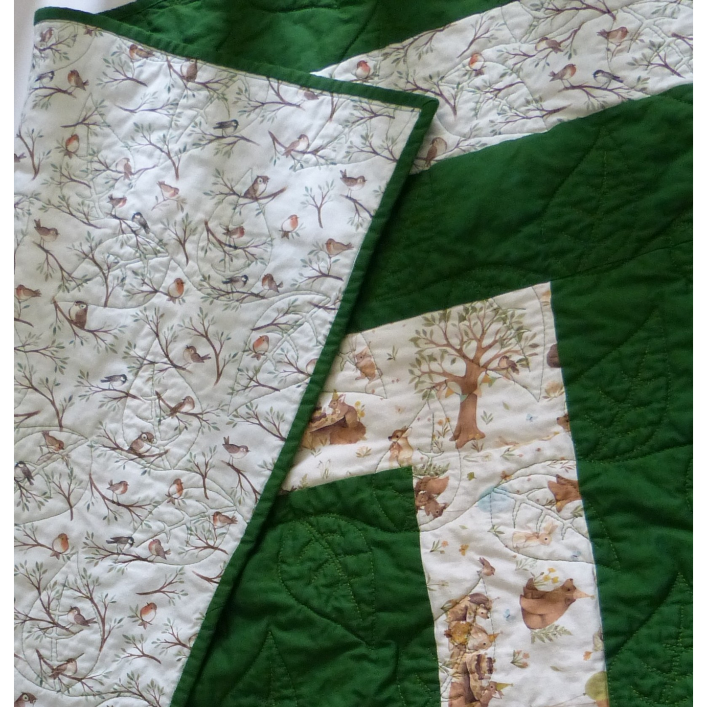 Animal Party and Bird Baby/Toddler Echoes Quilt with Dark Green Background