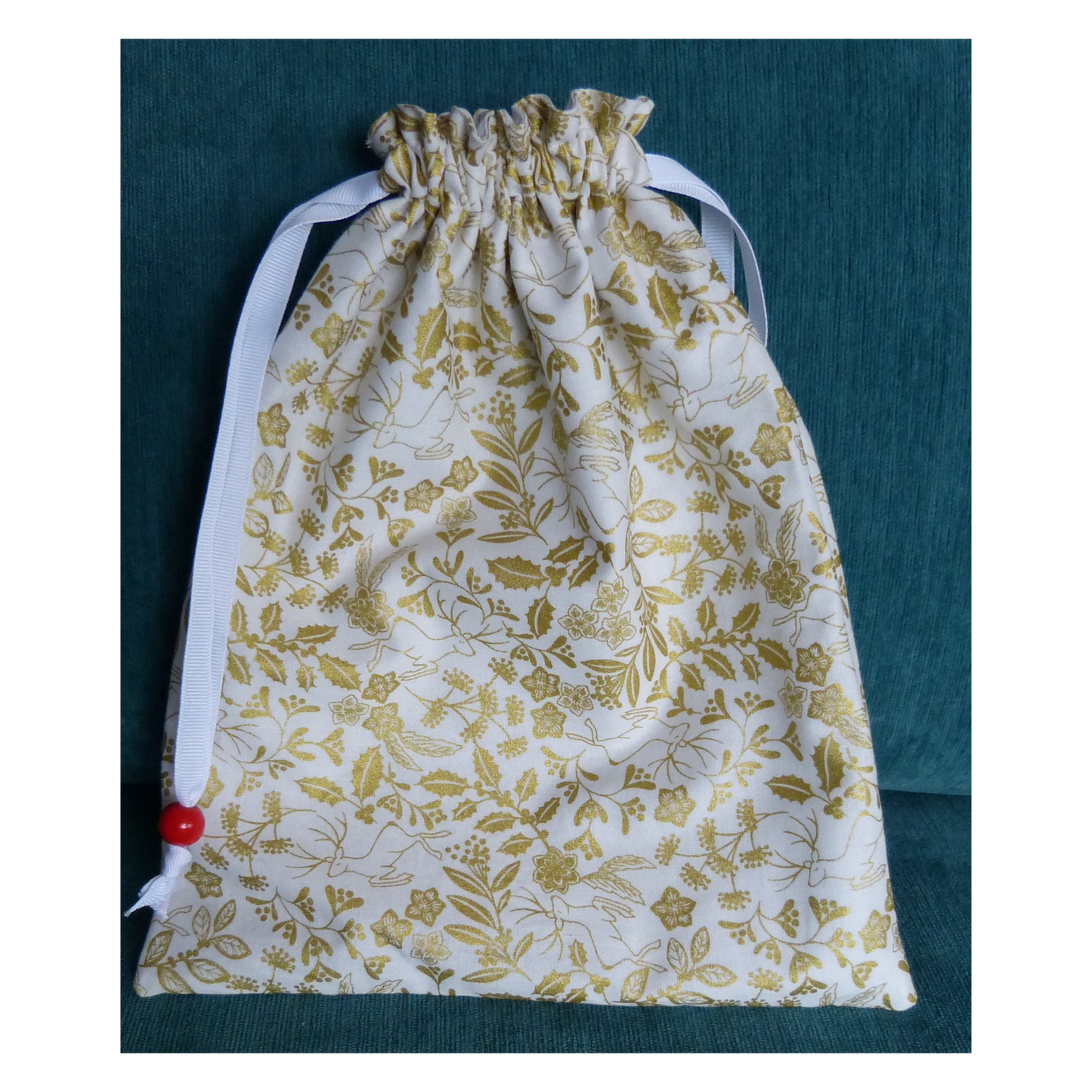 Lined Fabric Gift Bag – Shimmering Deer & Foliage Print (Small)
