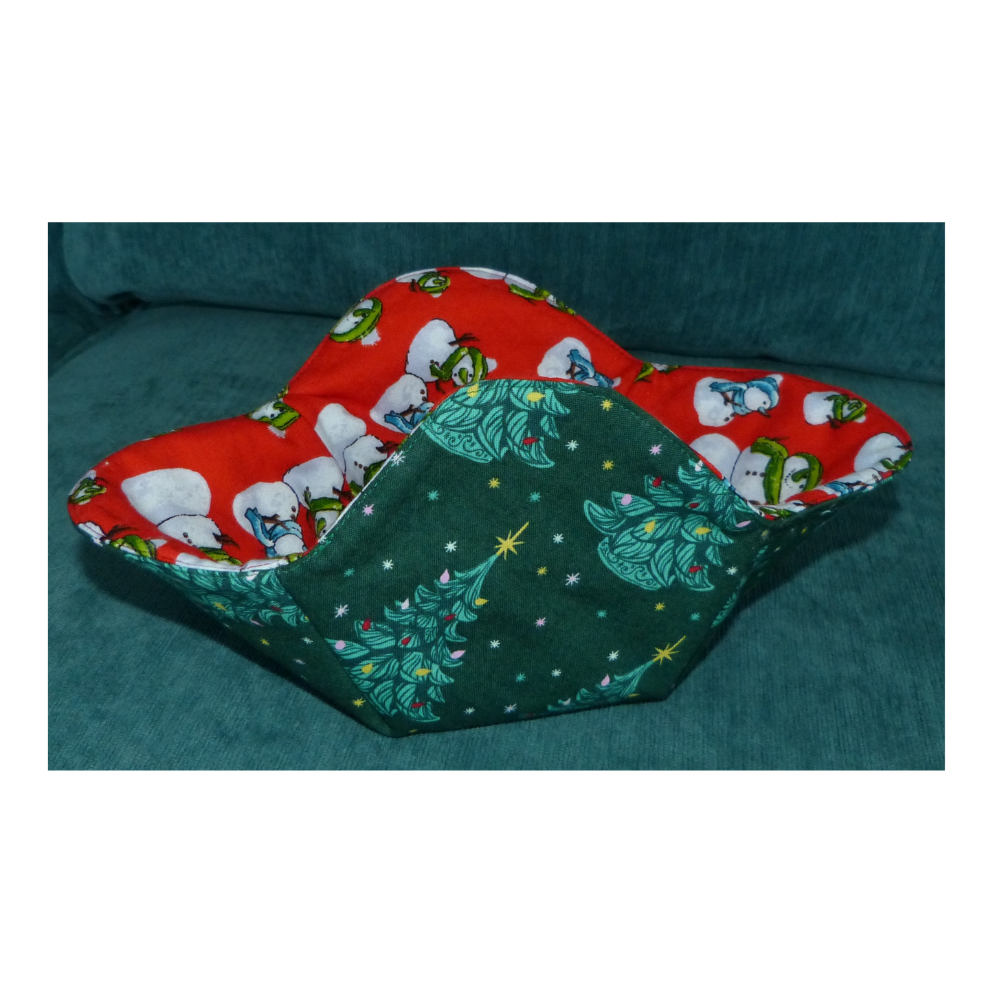 Christmas Trees & Snowmen Bowl Cozy – Reversible & Microwave Safe