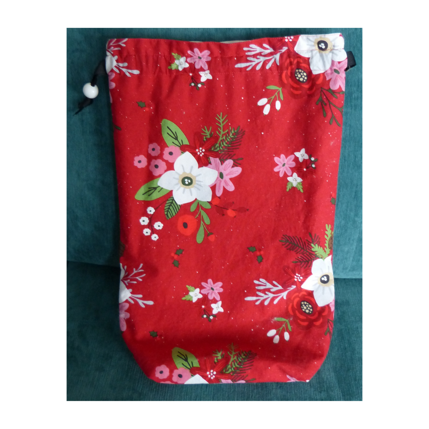 Lined Fabric Gift Bag – Festive Red Winter Florals (Medium)